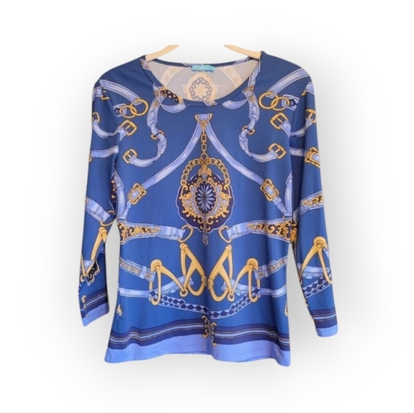 J McLaughlin Catalina Blue Gold Chainlink Stretch Top Small 3/4 Sleeve Classic - Picture 12 of 12